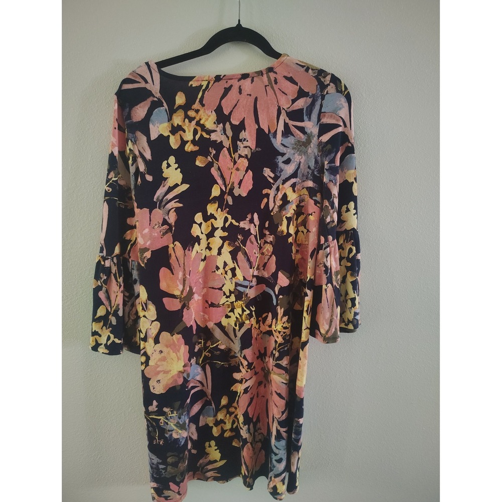New‎ Directions Floral V-Neck Bell Sleeve Shift Dress Navy Pink Yellow Small - Picture 3 of 4